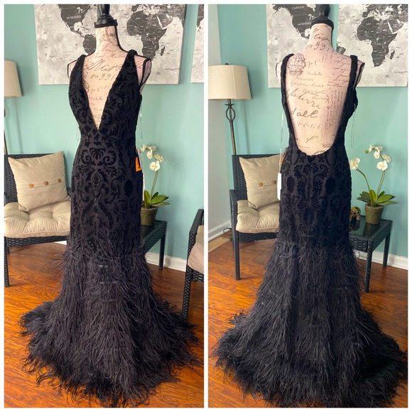Jovani Dresses & Skirts - Black mermaid feather prom dress sz 6 Jasz Couture